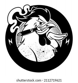 Black and white cartoon style rooster character, smoking cigar. Vector mascot design concept.