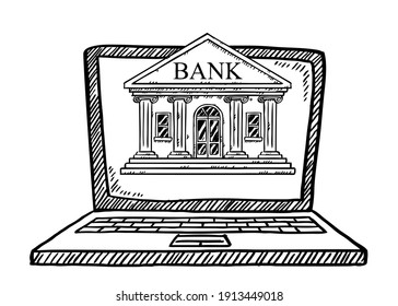 Black and white cartoon style vector illustration of Bank apllication on laptop screen. Doodle style illustration. Hand drawn vector illustration of online banking.