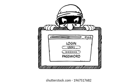 Black and white cartoon style vector illustration of masked hacker spying privet tablet when user is trying to login. The hacker wants to steal private data from webpage. Hand drawn ilustration.
