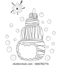 Black and white cartoon stylized shell of mollusk, starfish, bubbles. Isolated outline children's cute illustration. For coloring page and book, babies' product design, sticker, t-shirt print. Vector.
