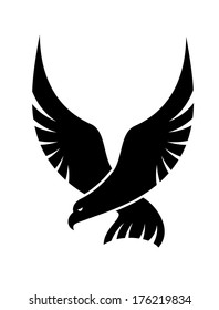 Black and white cartoon swooping falcon logo with outspread wings coming in to catch its prey, isolated on white