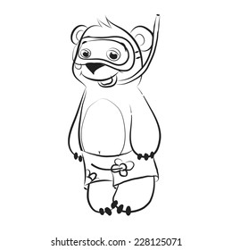 Black and white cartoon teddy bear in a mask for diving and shorts .vector sketch coloring.