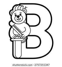 Black and white cartoon teddy bear sitting on large letter B holding toothbrush cute animal and alphabet illustration for kids