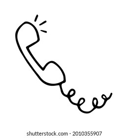 Black and white cartoon telephone handset. Vector illustration in doodle style of telephone receiver. Hand drawn sign of phone for hotline, helpline or support service.