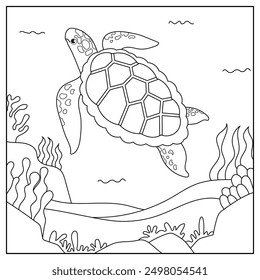 black and white cartoon turtle character (vector illustration), coloring book for children.