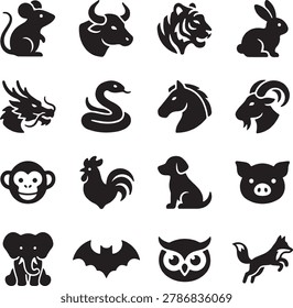 Black and white cartoon of various animals and insects bird