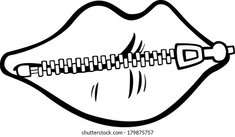 Black and White Cartoon Vector Concept Illustration of Zipped Lips Saying or Proverb