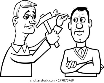 Black and White Cartoon Vector Concept Illustration of Hit the Nail on the Head Saying or Proverb for Coloring Book