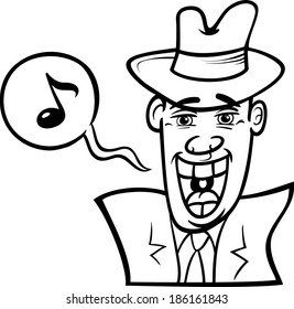 Black and White Cartoon Vector Concept Illustration of Man in Hat Singing in the Night