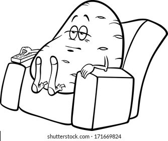 Black and White Cartoon Vector Humor Concept Illustration of Couch Potato Saying or Proverb for Coloring Book