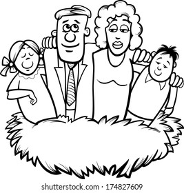Black and White Cartoon Vector Humor Concept Illustration of Family Nest Saying for Coloring Book