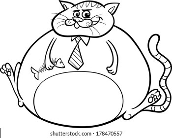 Black and White Cartoon Vector Humor Concept Illustration of Fat Cat Saying or Proverb for Coloring Book