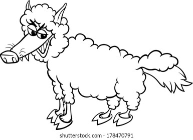 Black and White Cartoon Vector Humor Concept Illustration of Wolf in Sheep Clothing Saying or Proverb for Coloring Book