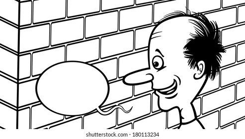 Black and White Cartoon Vector Humor Concept Illustration of Talking to a Brick Wall Saying or Proverb for Coloring Book