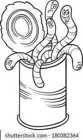 Black and White Cartoon Vector Humor Concept Illustration of Can of Worms Saying or Proverb for Coloring Book