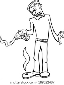 Black and White Cartoon Vector Humor Concept Illustration of Shooting Yourself in the Foot Saying or Proverb for Coloring Book