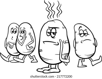 Black and White Cartoon Vector Humor Concept Illustration of Hot Potato Saying or Proverb for Coloring Book