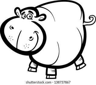 Black and White Cartoon Vector Humorous Illustration of Happy Hippo or Hippopotamus Animal Character for Coloring Book