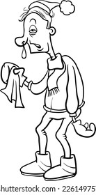 Black and White Cartoon Vector Humorous Illustration of a Man with a Flu and Running Nose for Coloring Book