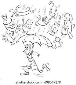 Black and White Cartoon Vector Humorous Concept Illustration of Raining Cats and Dogs Saying or Proverb