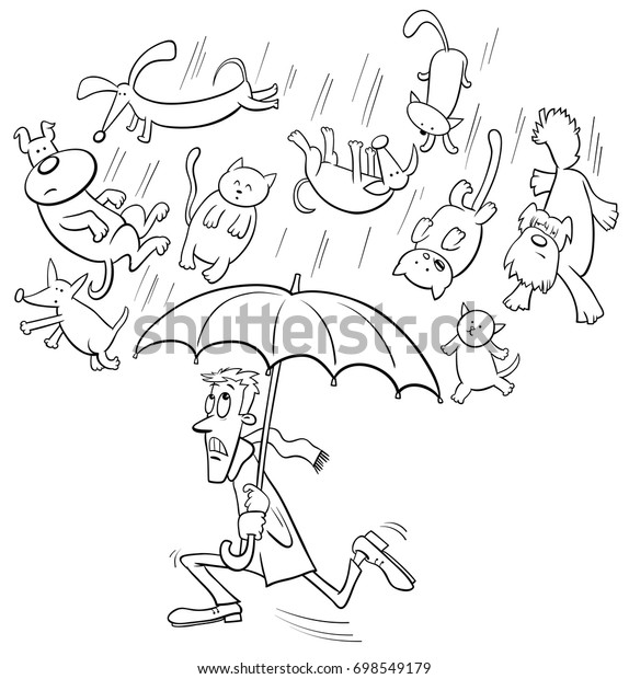 Black and White Cartoon Vector Humorous Concept Illustration of Raining