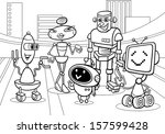 Black and White Cartoon Vector Illustration of Funny Robots or Droids Group for Coloring Book