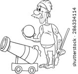 Black and White Cartoon Vector Illustration of Funny Pirate Character with Cannon and Cannonball for Coloring Book