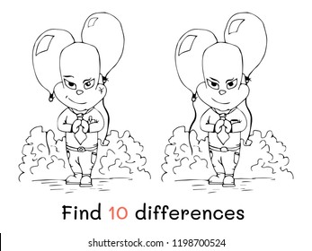 Black and white cartoon vector illustration of the search for differences. Educational activity for preschool children with a little boy for coloring.
