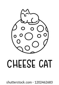 A Black And White Cartoon Vector Illustration Of A Happy Cat Sitting On A Giant Ball Of Cheese