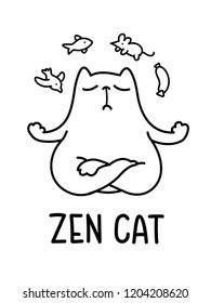 A Black And White Cartoon Vector Illustration Of A Zen Cat Meditating