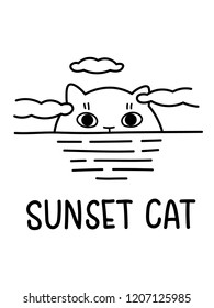 A Black And White Cartoon Vector Illustration Of A Cat Sunset Or Sunrise At The Sea Horizon