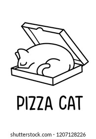 A Black And White Cartoon Vector Illustration Of A Sleeping Cat In A Pizza Cardboard Box