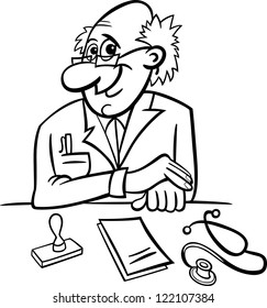Black and White Cartoon Vector Illustration of Male Medical Doctor in Clinic Consulting Room with Stethoscope and Prescriptions