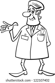 Black and White Cartoon Vector Illustration of Male Medical Doctor in White Coat with Stethoscope