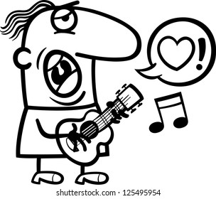 Black and White Cartoon Vector Illustration of Funny Man Playing on the Guitar and Singing Love Song for Valentines Day