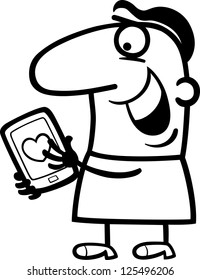 Black and White Cartoon Vector Illustration of Funny Man Reading Love Message or Valentine on his Tablet PC for Valentines Day