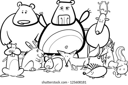 Black and White Cartoon Vector Illustration of Funny Forest Wild Animals like Bears, Hedgehog, Deer, Hare and Fox for Coloring Book