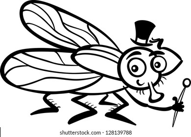 Black and White Cartoon Vector Illustration of Funny Fly or Housefly with Hat and Cane for Coloring Book