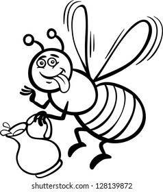Black and White Cartoon Vector Illustration of Funny Bee with Pot of Honey or Nectar for Coloring Book