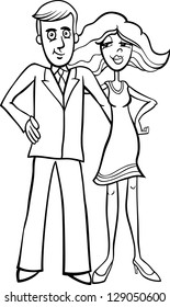 Black and White Cartoon Vector Illustration of Pretty Woman and Handsome Man Cute Couple for Coloring