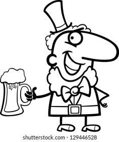 Black and White Cartoon Vector Illustration of Happy Leprechaun with Pint of Beer on St Patricks Day Holiday for Coloring Book