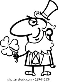 Black and White Cartoon Vector Illustration of Happy Leprechaun with Clover or Trefoil on St Patricks Day Holiday for Coloring Book