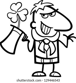 Black and White Cartoon Vector Illustration of Happy Leprechaun with Clover or Trefoil in his Hat on St Patricks Day Holiday for Coloring Book