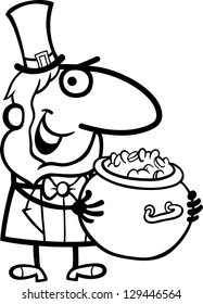 Black and White Cartoon Vector Illustration of Happy Leprechaun with Pot of Gold on St Patrick Day Holiday for Coloring Book