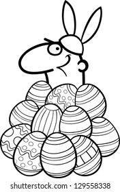 Black and White Cartoon Vector Illustration of Funny Man in Easter Bunny Costume in Easter Eggs heap for Coloring Book