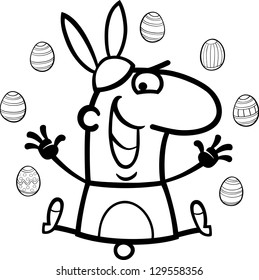 Black and White Cartoon Vector Illustration of Funny Man in Easter Bunny Costume with Easter Eggs for Coloring Book