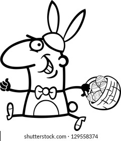 Black and White Cartoon Vector Illustration of Funny Man in Easter Bunny Costume running with Easter Eggs in a Basket for Coloring Book