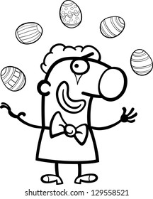 Black and White Cartoon Vector Illustration of Funny Man in Clown Costume juggling Easter Eggs for Coloring Book