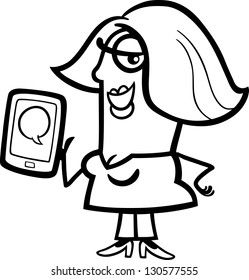 Black and White Cartoon Vector Illustration of Happy Woman with Message on her Tablet Pc Device