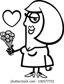 Black and White Cartoon Vector Illustration of Happy Woman in Love with Flowers